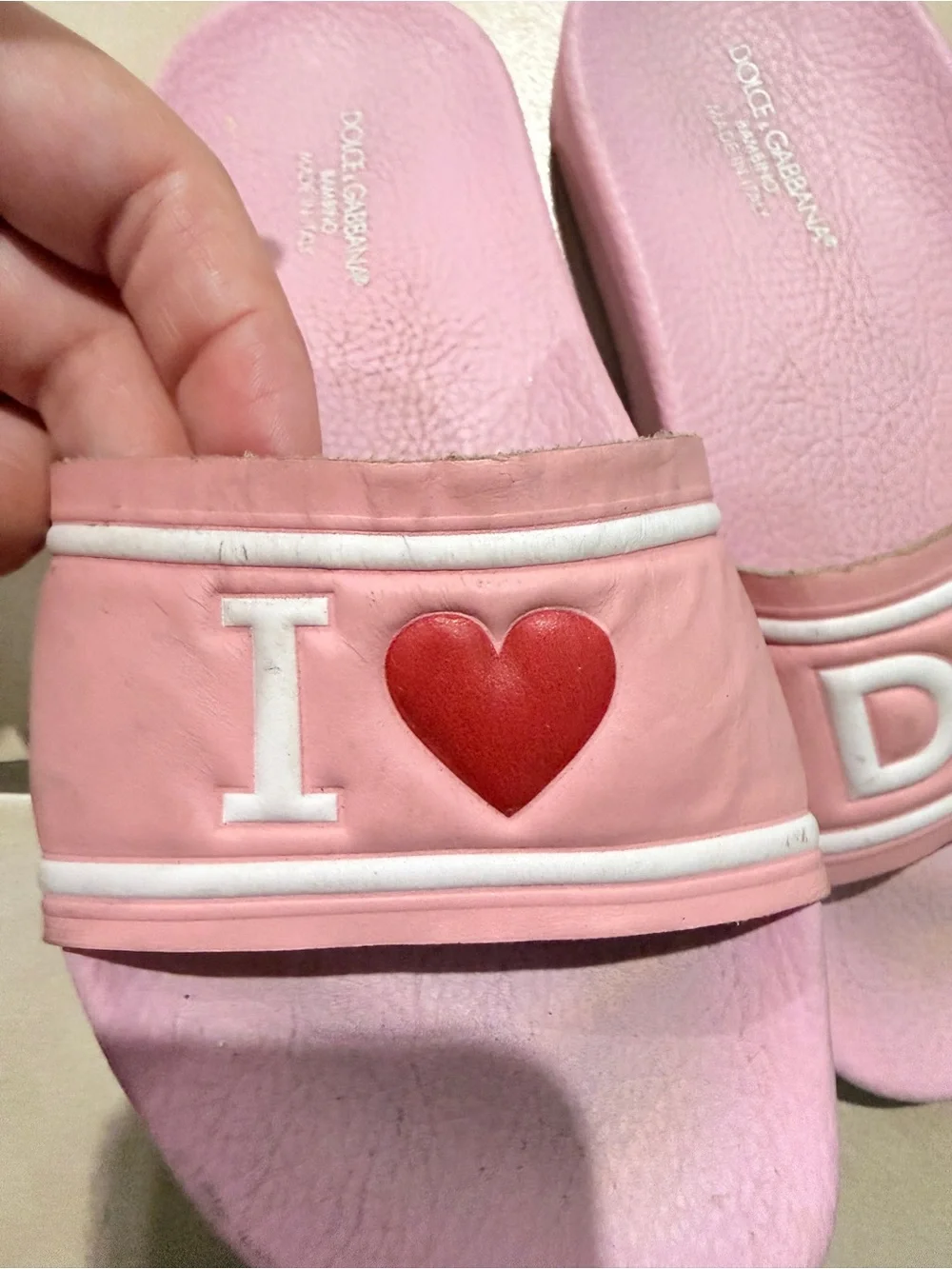 Dolce & Gabbana Pink Slides with Red Heart and White Logo
